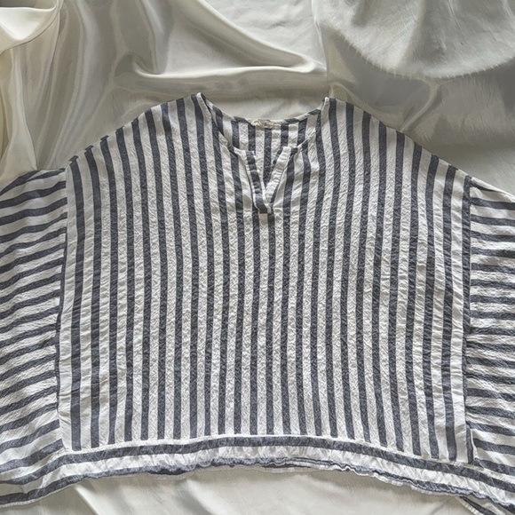 Cotton Bleu Striped Gray White Oversized Top Bat Wing Sleeve Poncho Style Sz L - Picture 10 of 10